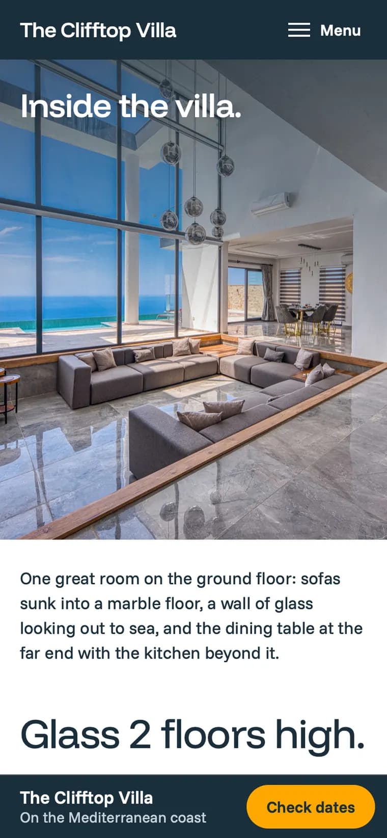 The same website on a phone, open at its Inside the villa page.